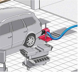Diagram showing an Elemax attached to the back of a car on a hoist to demonstrate how it might be used in a workshop